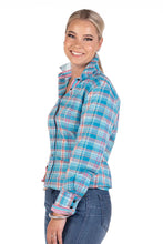 Load image into Gallery viewer, Hitchley and Harrow- FITTED - Collared Ranch Arena Shirt - size 14 AQUA AND PINK CHECK