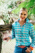 Load image into Gallery viewer, Hitchley and Harrow- FITTED - Collared Ranch Arena Shirt - size 14 AQUA AND PINK CHECK
