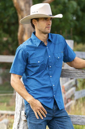 Marlow - Mens Short Sleeve Shirt -PureWestern - Blue/Navy - X Large