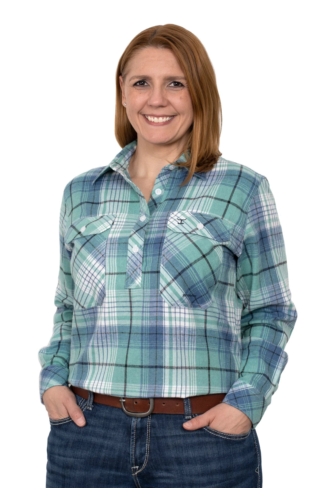 Just Country - Womens Jahana Flannel Workshirt - Turquoise/Grey/White - Small