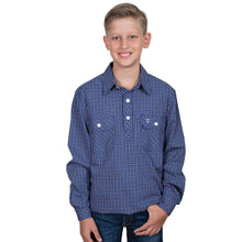 Load image into Gallery viewer, Brayden Half Button Workshirt -  Just Country - BOYS - Cobalt/White/Yellow Check - ASSORTED SIZES
