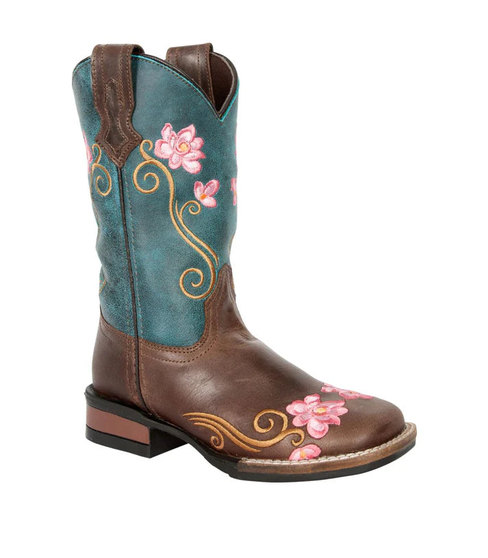Roper - Kids Helen Brown/  Turquoise Leather Boots  - 2  - WAS 109.95 NOW $ 65.97 -NO EXCHANGES OR REFUNDS ON SALE ITEMS