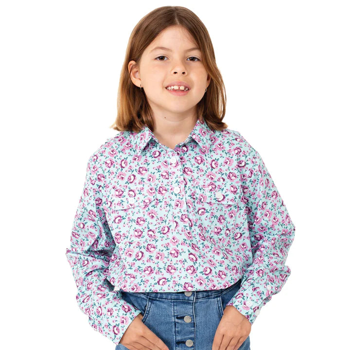 Just Country Girls Harper Half Button Print Workshirt - Mint/Purple Rose - XS