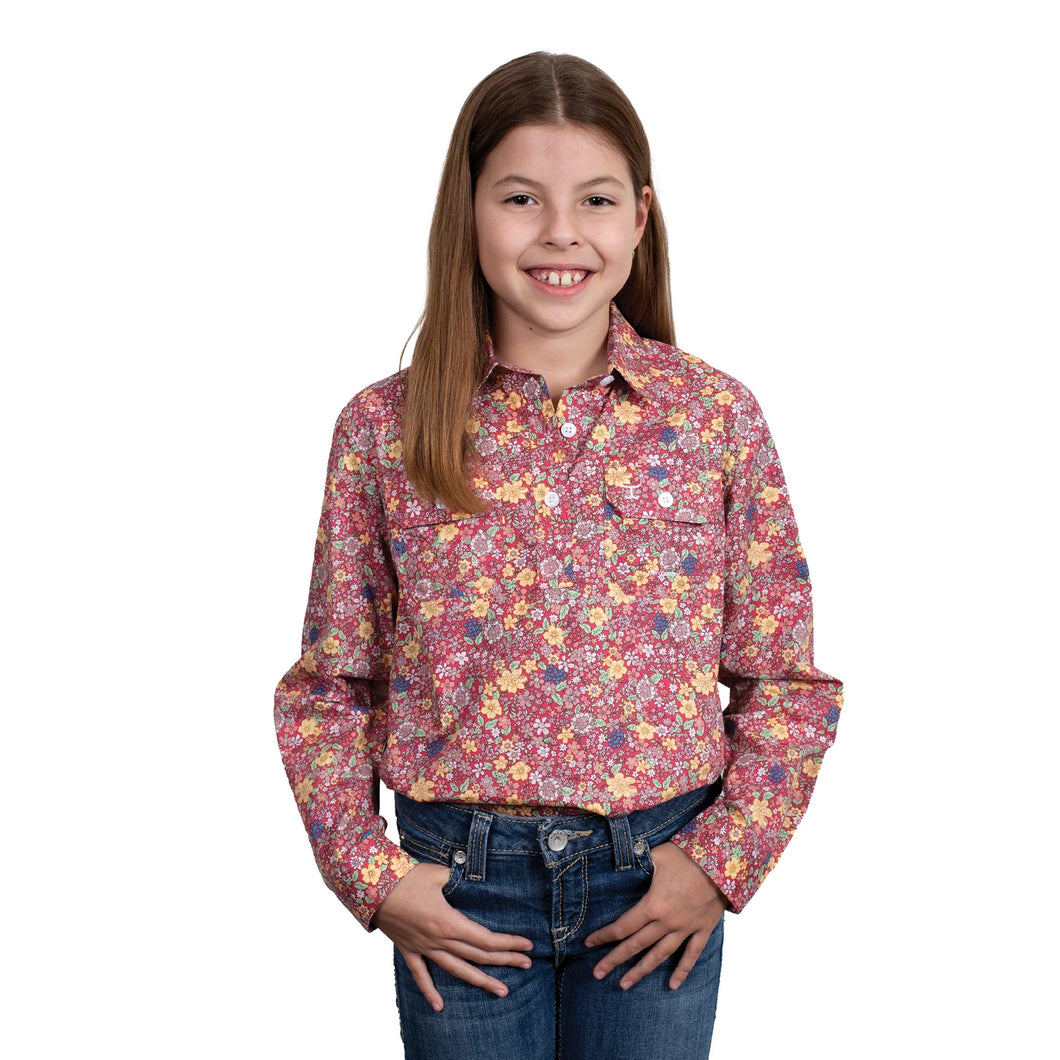 Just Country - Girls Harper Half Button Workshirt - Pink Floral - Large