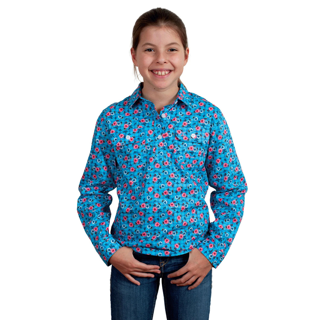 Just Country - Girls Harper Half Button Print Workshirt - BLUE LATICE