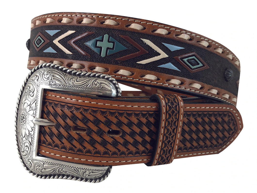 Belt - Mens Roper Belt - 1 1/2 inch Genuine Leather - Navajo - Natural- 36 inch