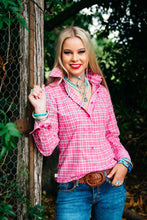 Load image into Gallery viewer, Hitchley and Harrow - Collared Ranch Arena Shirt -size  12 - PINK WITH LILAC CHECK
