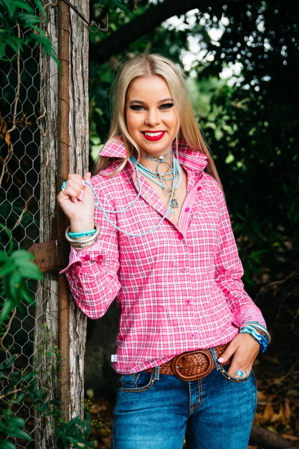 Hitchley and Harrow  -  Collared Ranch Arena Shirt - PINK WITH LILAC CHECK