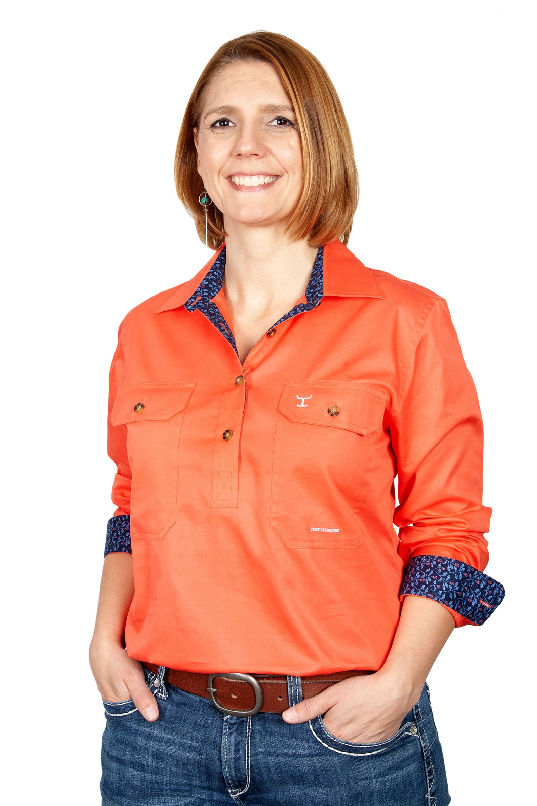 Just Country - Jahna Trim Half Button Solid Workshirt - Hot Coral/Navy Dandelions -18