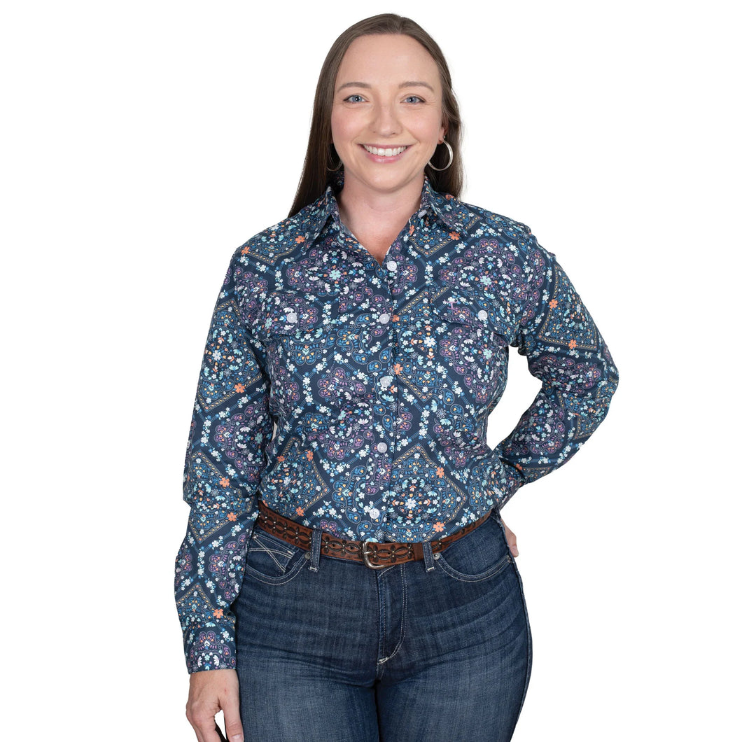 Abbey Full Button Womens Workshirt - Just Counrty - Navy Floral Tiles