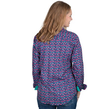 Load image into Gallery viewer, Just Country - Womens Abbey Long Sleeve Shirt -Navy Pansies/Turquoise - AVAILABLE IN X SMALL &amp; LARGE
