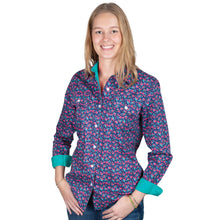 Load image into Gallery viewer, Just Country - Womens Abbey Long Sleeve Shirt -Navy Pansies/Turquoise - AVAILABLE IN X SMALL &amp; LARGE

